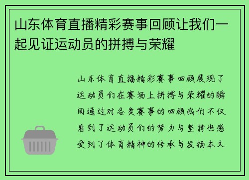 山东体育直播精彩赛事回顾让我们一起见证运动员的拼搏与荣耀