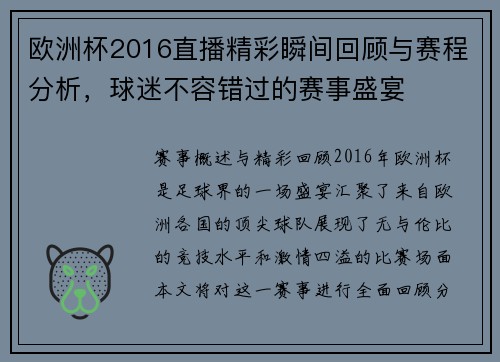 欧洲杯2016直播精彩瞬间回顾与赛程分析，球迷不容错过的赛事盛宴